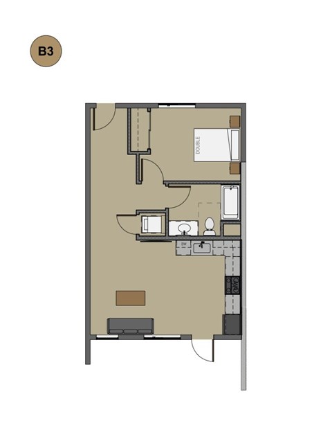 Floor plan for 1 bed, 1 bath, 672 sqft